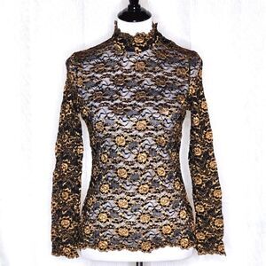 Reba Sheer Mesh Black & Metallic Gold High Collar Button Neck Long Sleeve Bouse